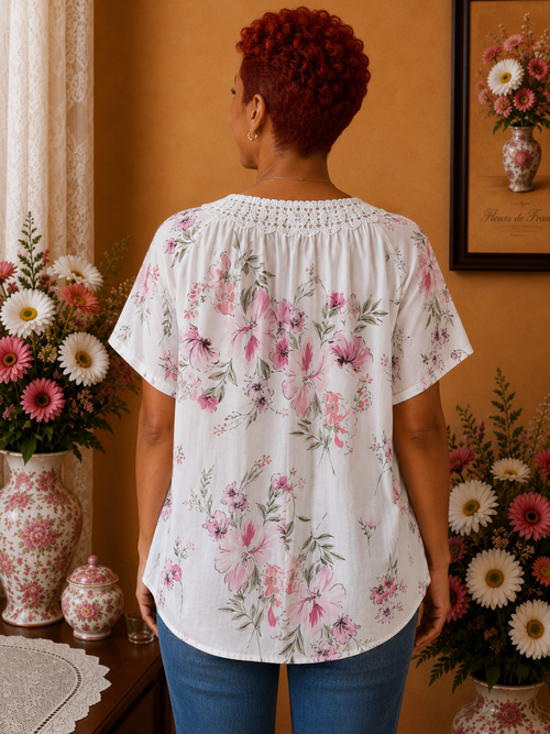 Blouse femme blanche à fleurs roses col dentelle taille 42