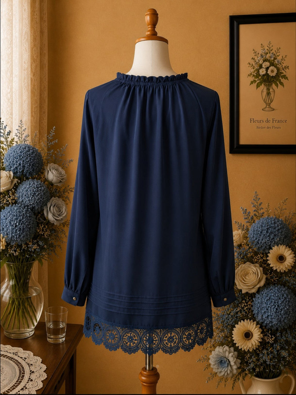 Blouse Exquiss Paris Bleu Marine, Dentelle & Col Froncé t38
