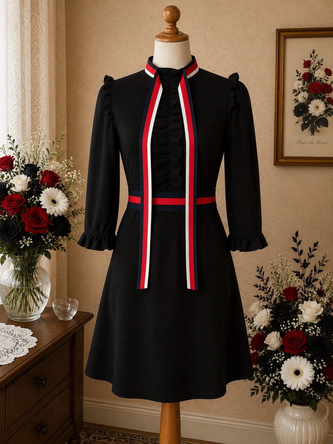 Robe de soirée vintage noir, bleu & rouge – Vanity Paris