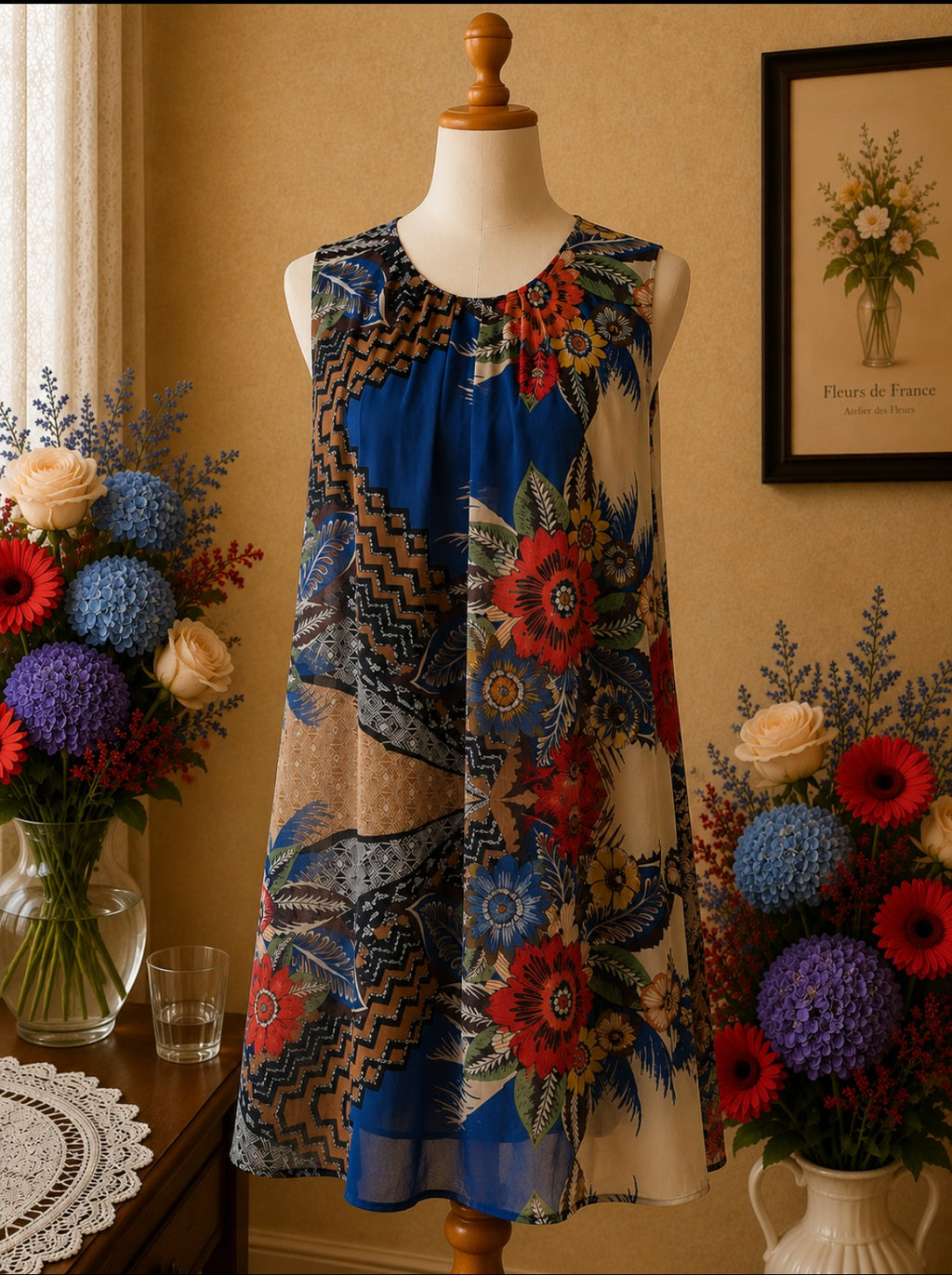 Robe d'Été Bohème Patchwork Floral Multicolore, Effet Voile taille 38