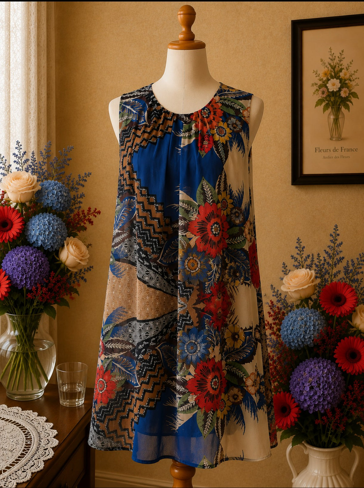 Robe d'Été Bohème Patchwork Floral Multicolore, Effet Voile taille 38