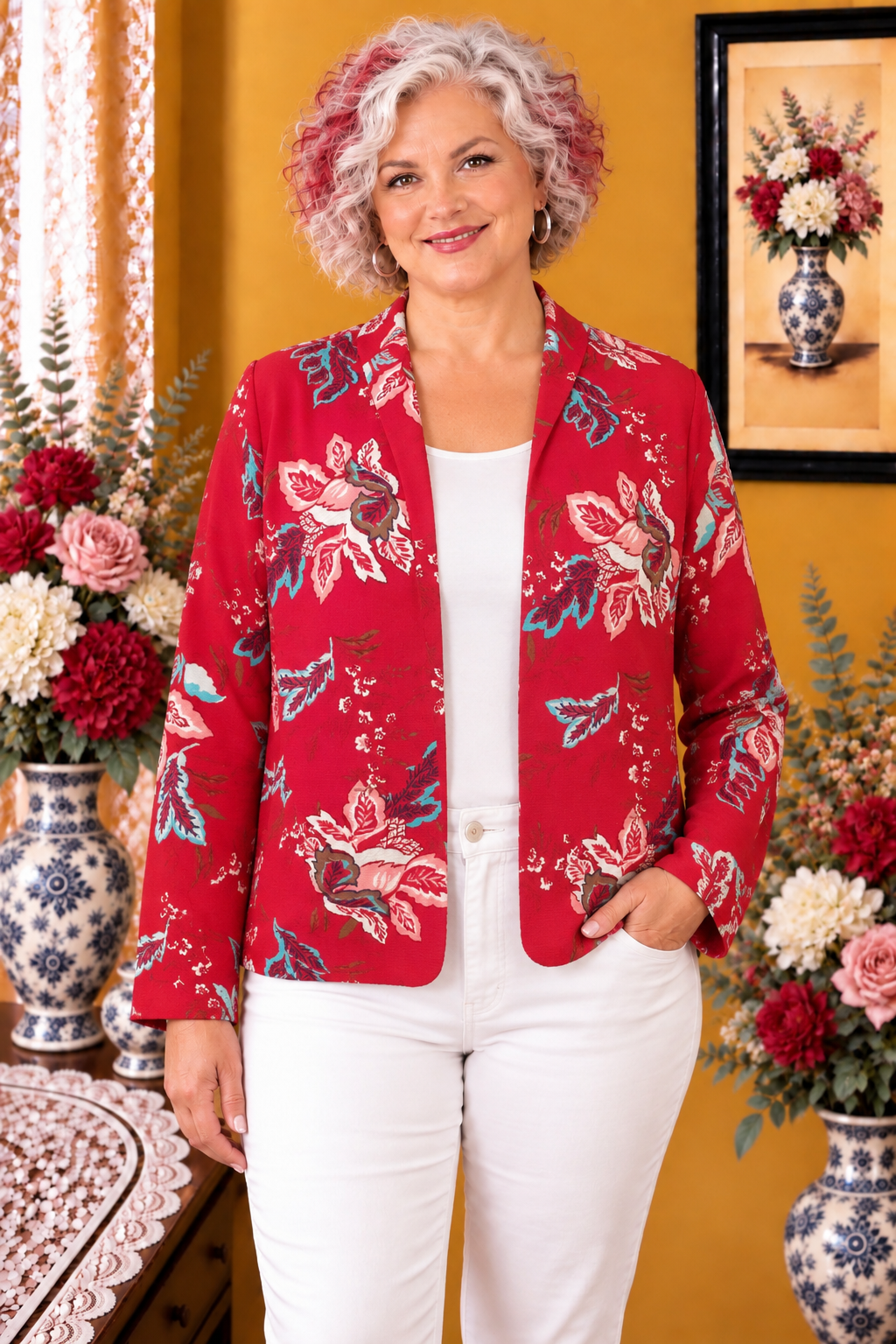 Veste Jacqueline Riu neuve rouge fleurie multicolore taille 38