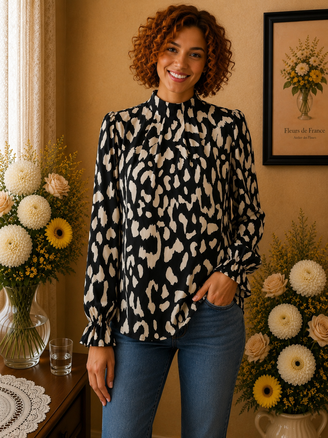 Blouse Shein noir tacheté blanc taille 34