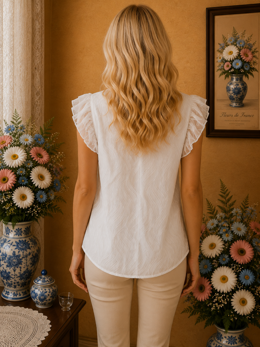 Blouse femme blanche texturée dentelle volants taille 38 💕
