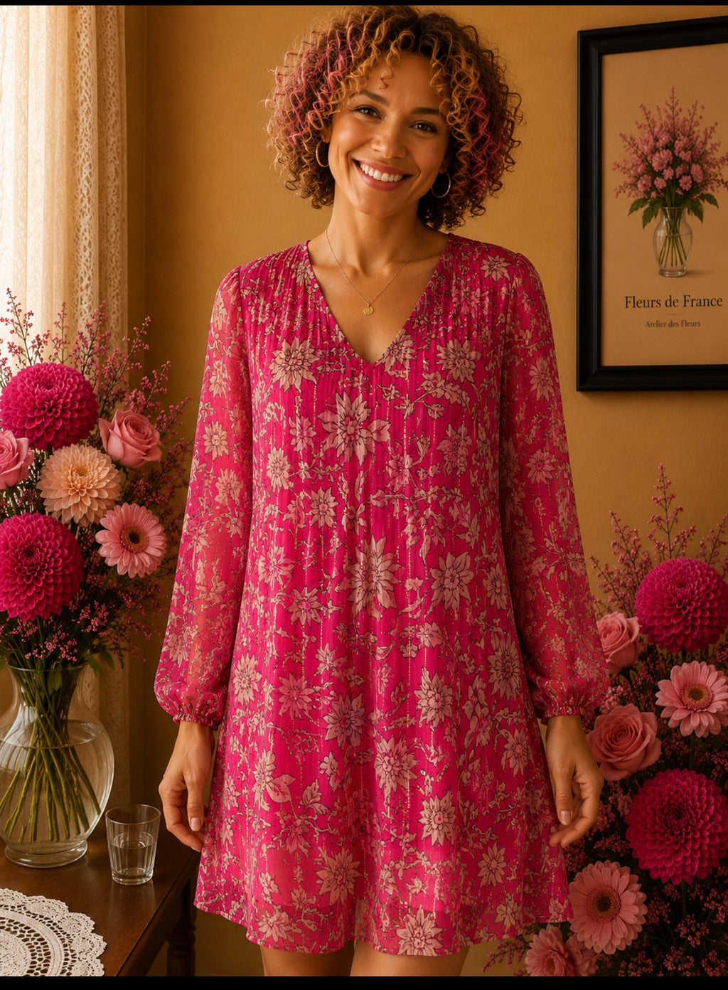 Robe Glassy Paris rose fushia & beige floral plissé & fil doré t40