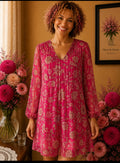 Robe Glassy Paris rose fushia & beige floral plissé & fil doré t40