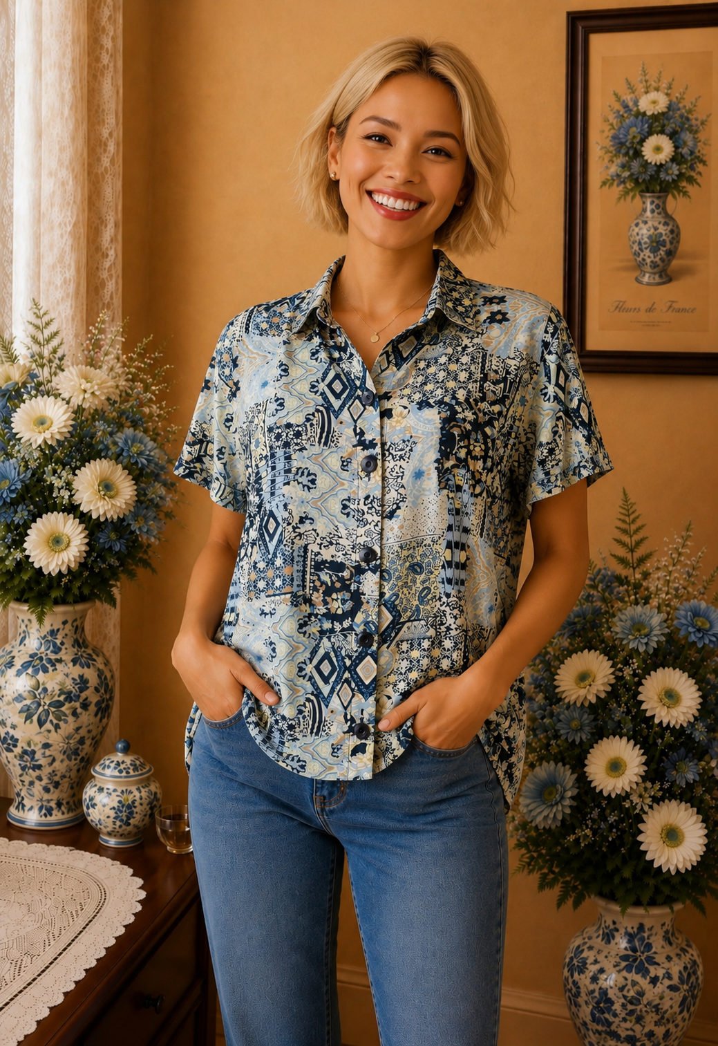 Chemisier femme J.Atelier imprimé bleu beige taille 44