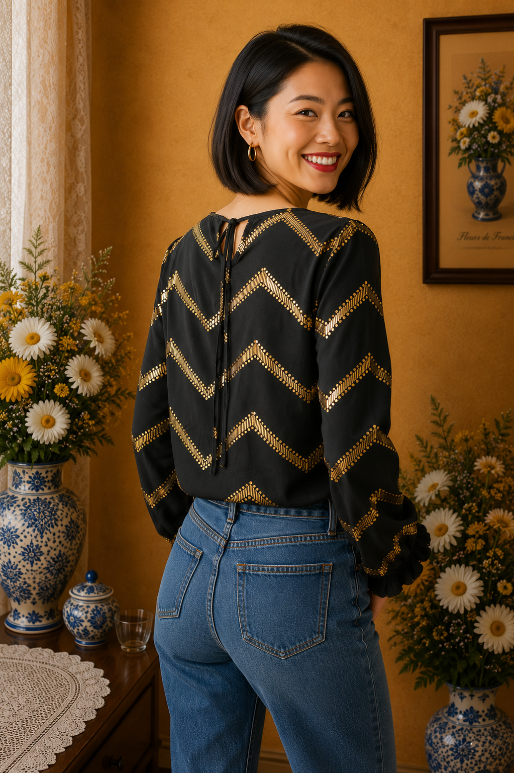 Blouse Shein noire motifs dorés manches longues taille 36💞