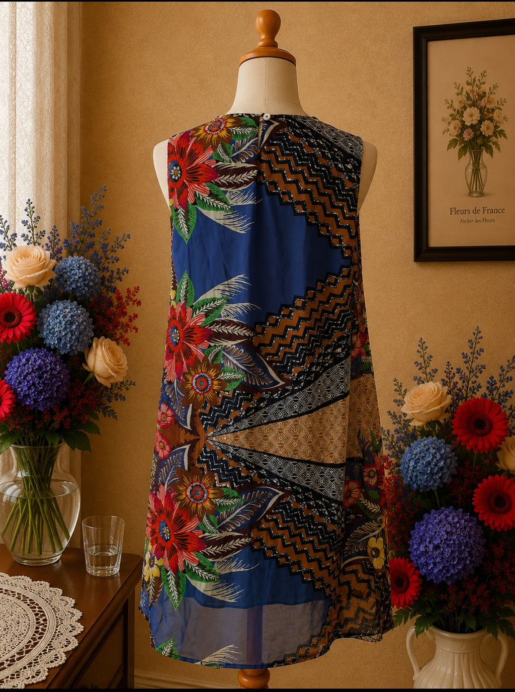 Robe d'Été Bohème Patchwork Floral Multicolore, Effet Voile taille 38