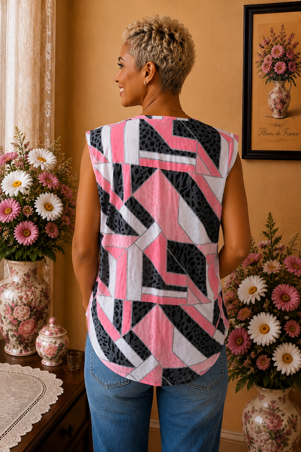 Débardeur femme Canada C&A imprimé graphique rose gris blanc taille 44/46