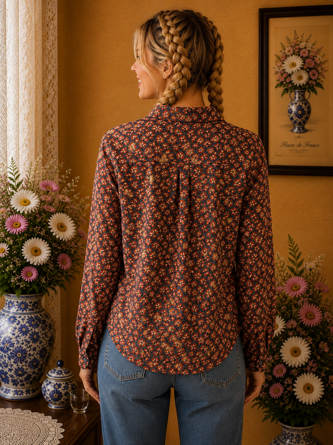 Chemisier femme floral gris orange doré taille 38💞