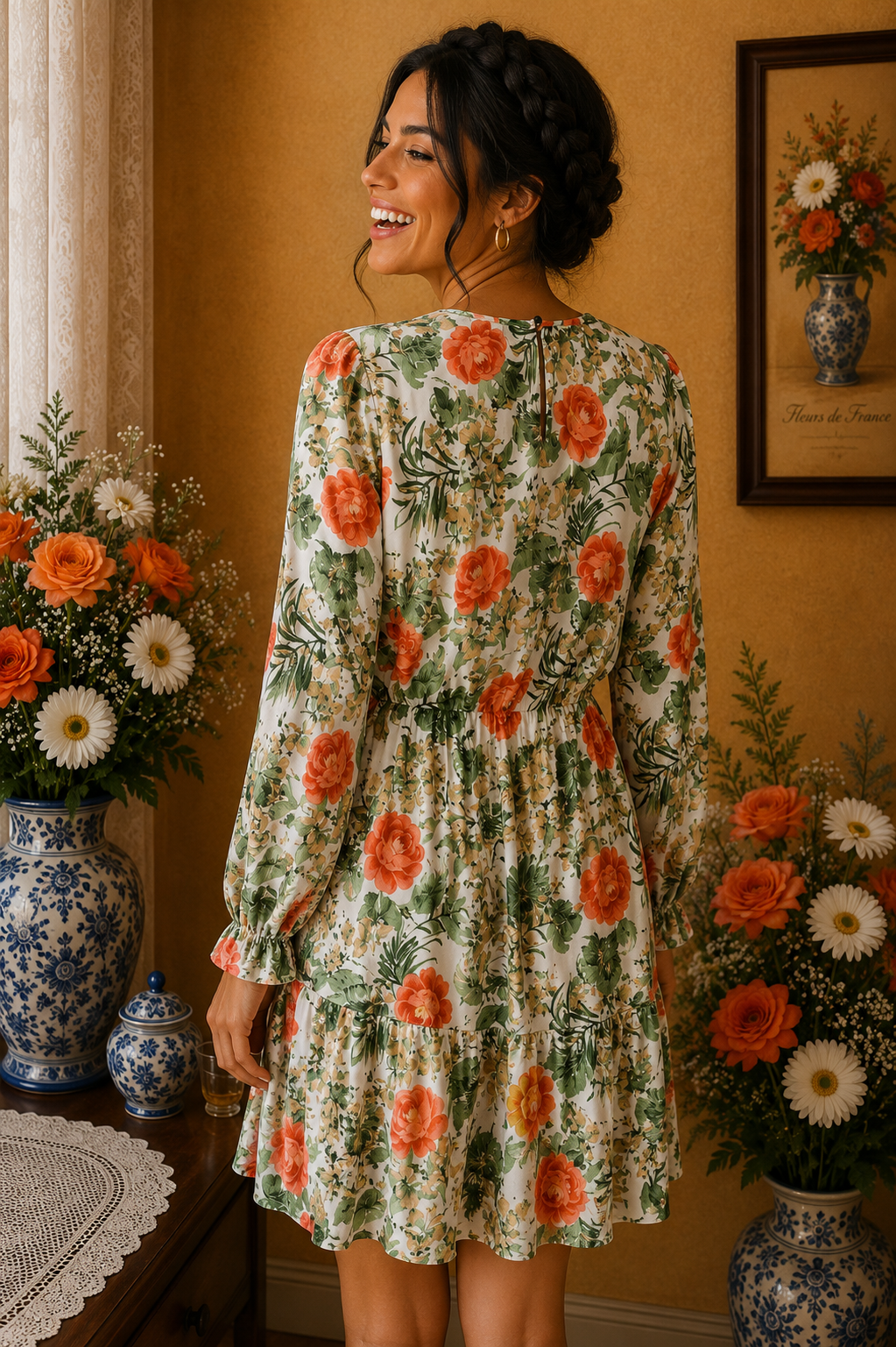 Robe Shein blanche fleurie orange vert beige taille 44