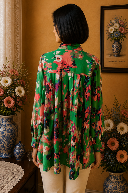 Blouse femme verte fluide imprimé floral multicolore taille 44