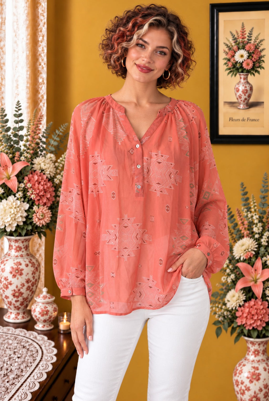 Blouse femme Camaïeu corail imprimé graphique taille 38