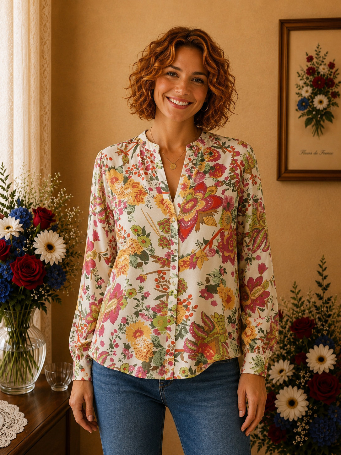 Chemise Tex woman florale multicolore 100% coton t38