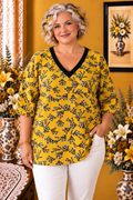 Blouse femme Damart jaune imprimé floral noir blanc taille 52