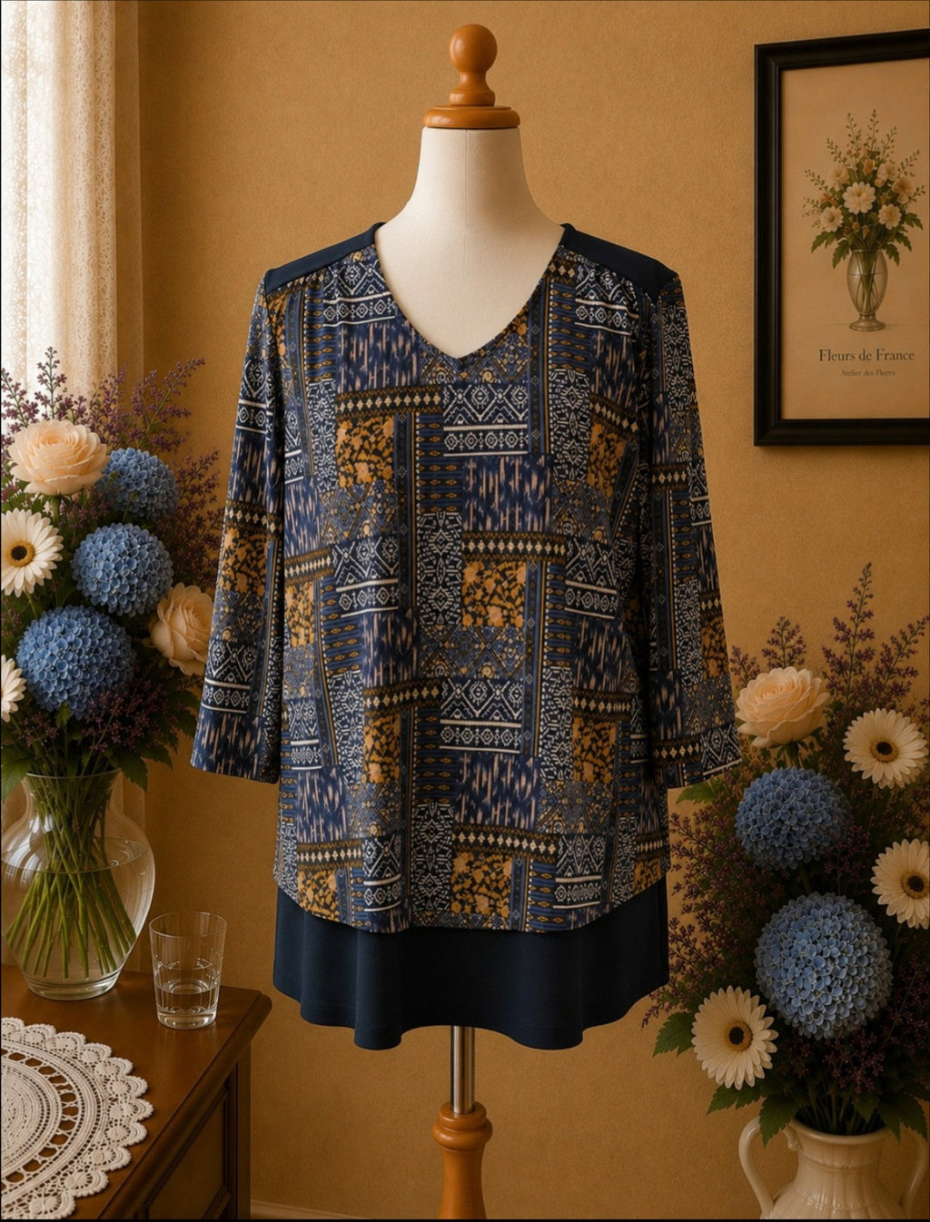 Tunique Femme Graphique Bleu, Noir & Jaune, Manches 3/4 t38