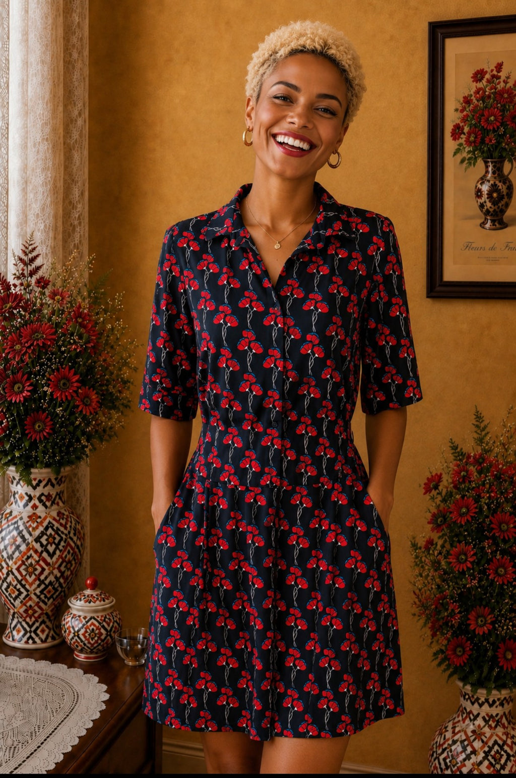 Robe chemise JCB noir imprimé floral rouge bleu taille 46