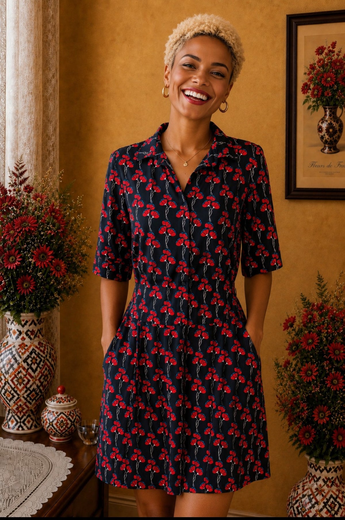 Robe chemise JCB noir imprimé floral rouge bleu taille 46