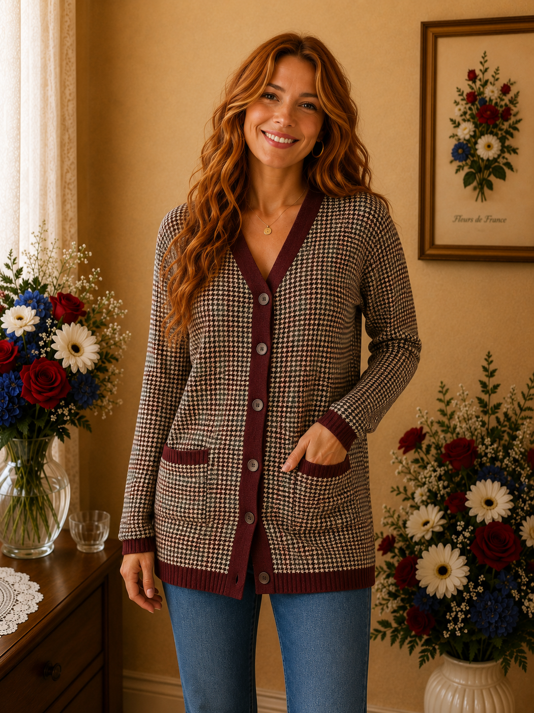 Gilet Monoprix bordeaux multicolore 100% coton taille 36