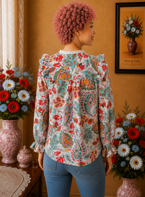 Blouse Cerise Blue blanche florale multicolore volantee taille 36