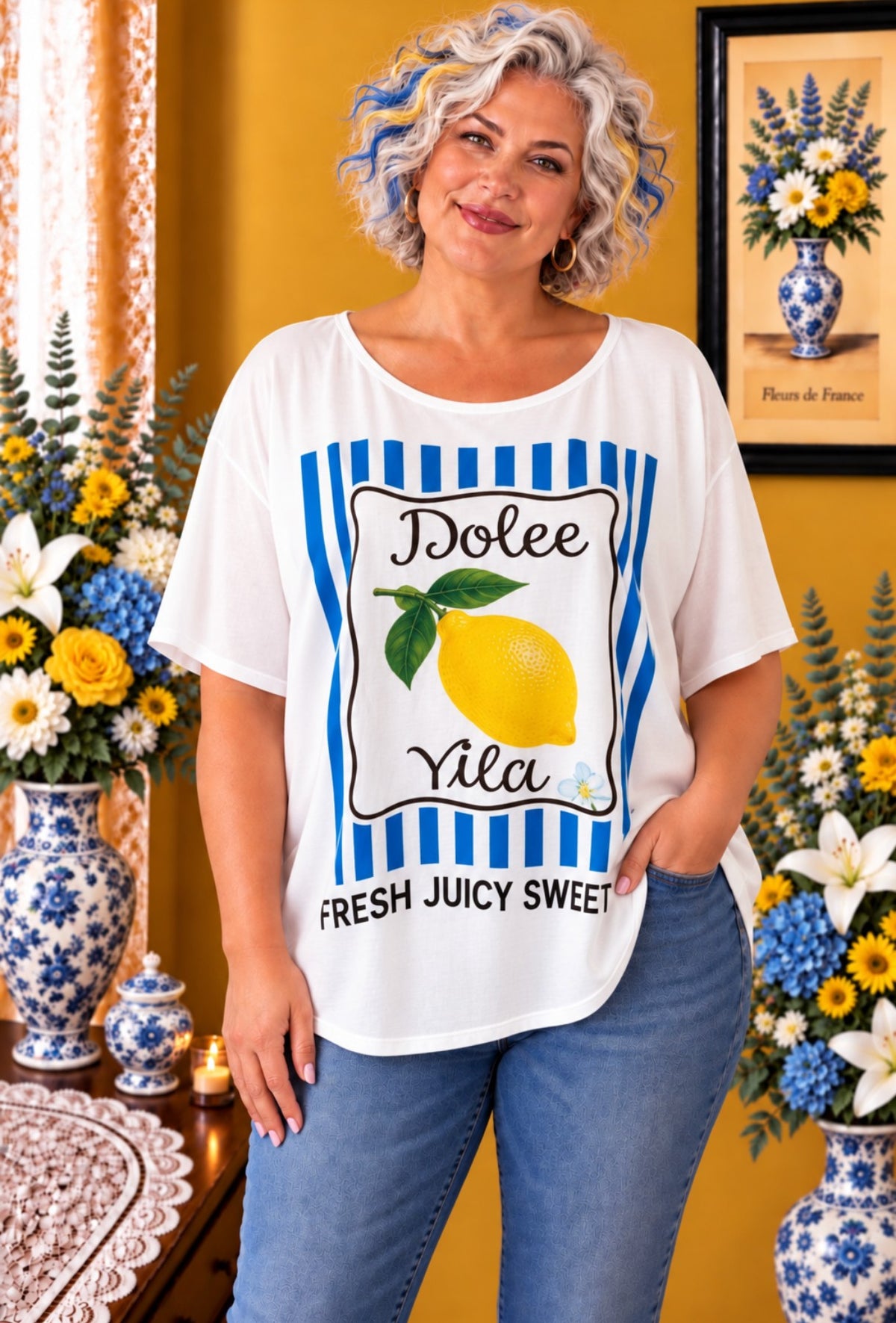 T-shirt grande taille blanc imprimé citron bleu  texte noir taille 52/54