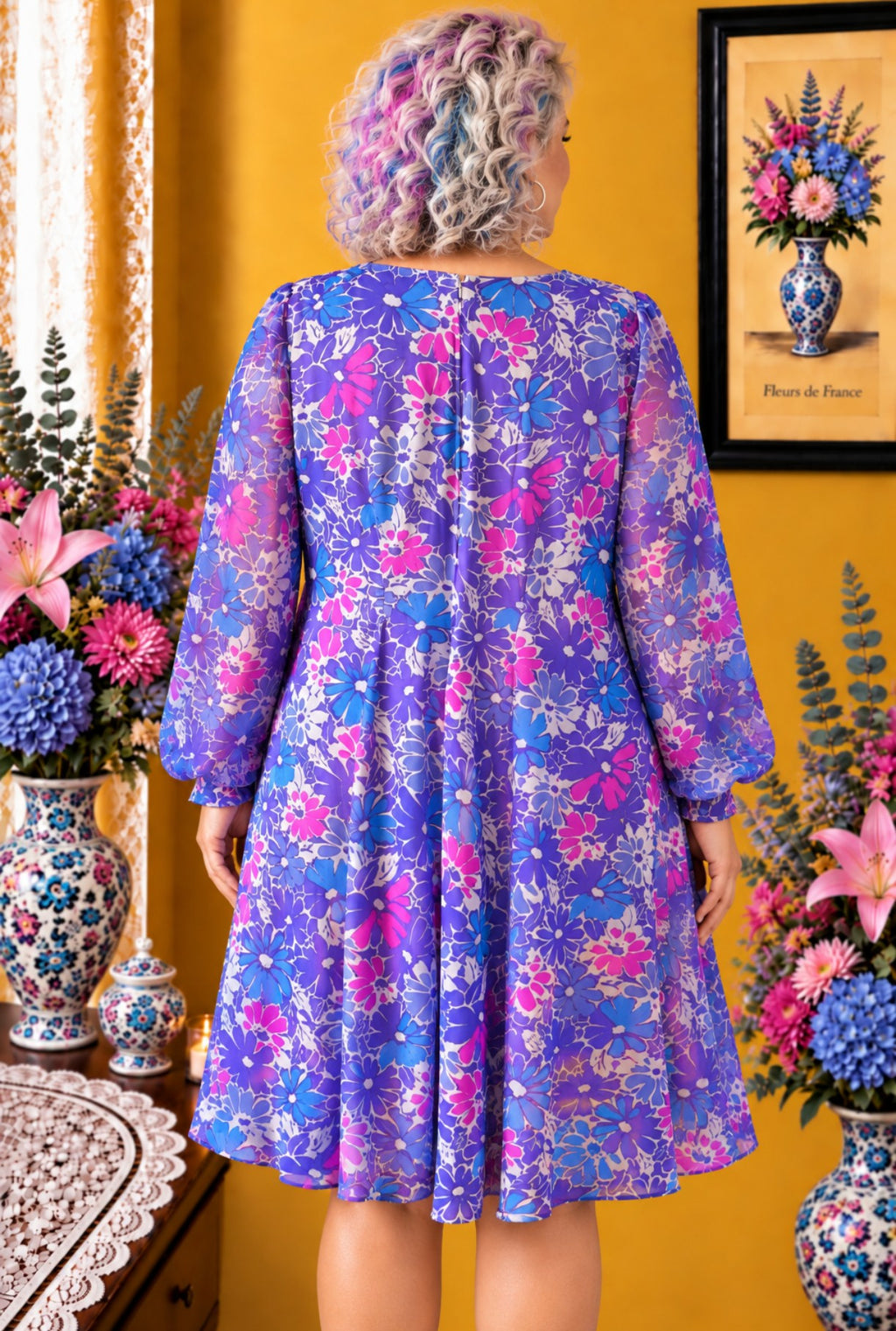 Robe femme Jerseys Huguet Paris blanche fleurie violet fushia taille 48