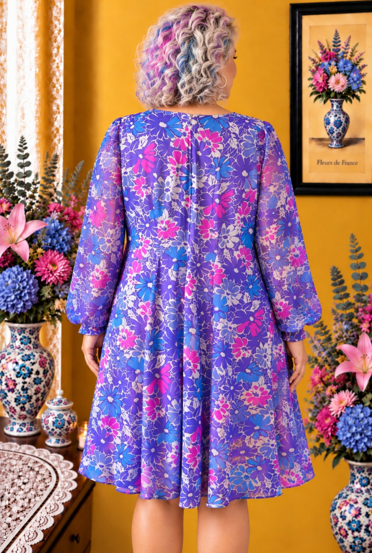 Robe femme Jerseys Huguet Paris blanche fleurie violet fushia taille 48