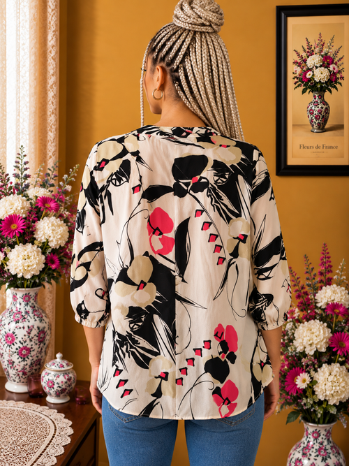 Blouse  Afibel blanche imprimé fleurs noires fushia beige taille 44