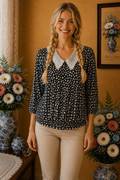 Blouse femme noire blanche col Claudine dentelle taille 40 neuve 💕
