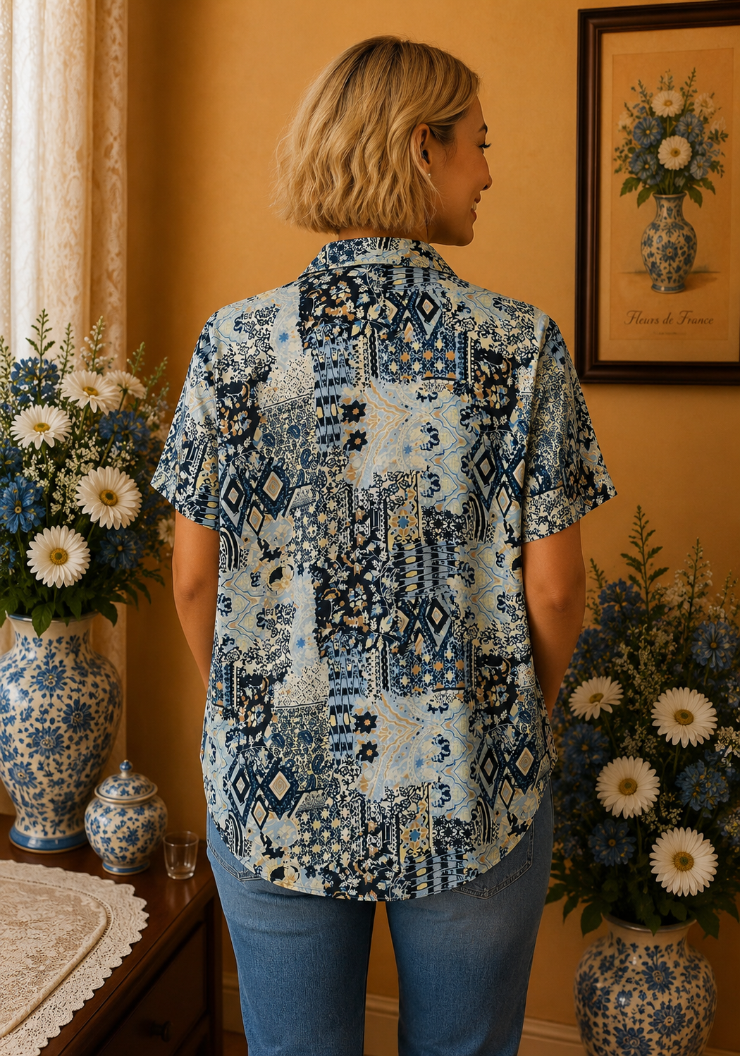 Chemisier femme J.Atelier imprimé bleu beige taille 44