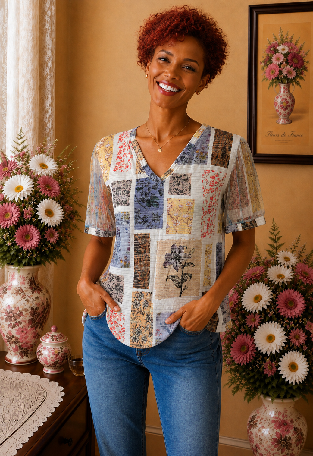 T-shirt femme imprimé patchwork botanique multicolore taille 40
