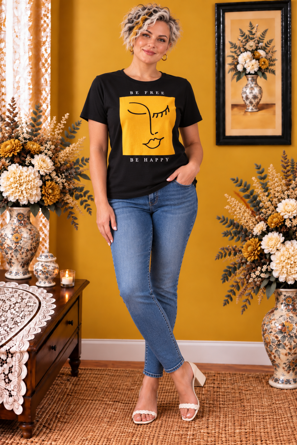 T-shirt Primark noir imprimé jaune et noir 100% coton taille S