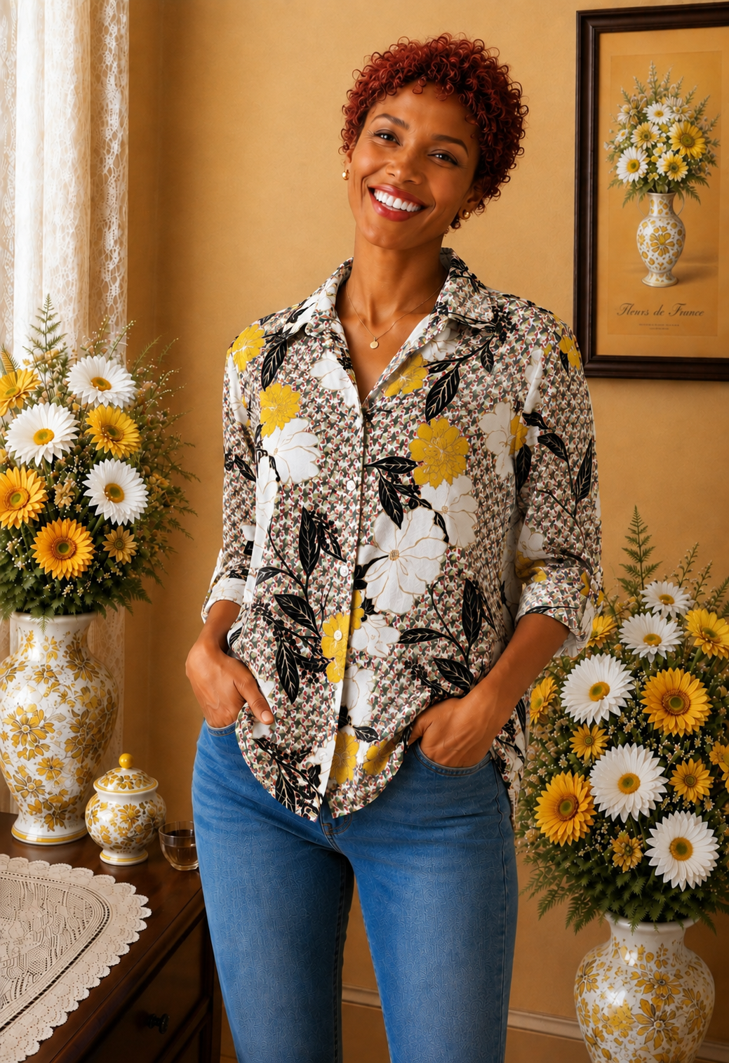 Chemisier  AKOZ de Toi Paris  fleurie jaune blanc noir taille 36