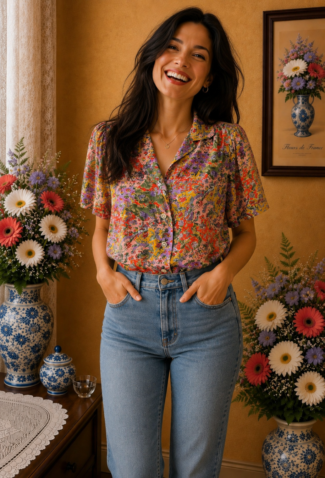 Chemisier femme vintage imprimé floral multicolore taille 38