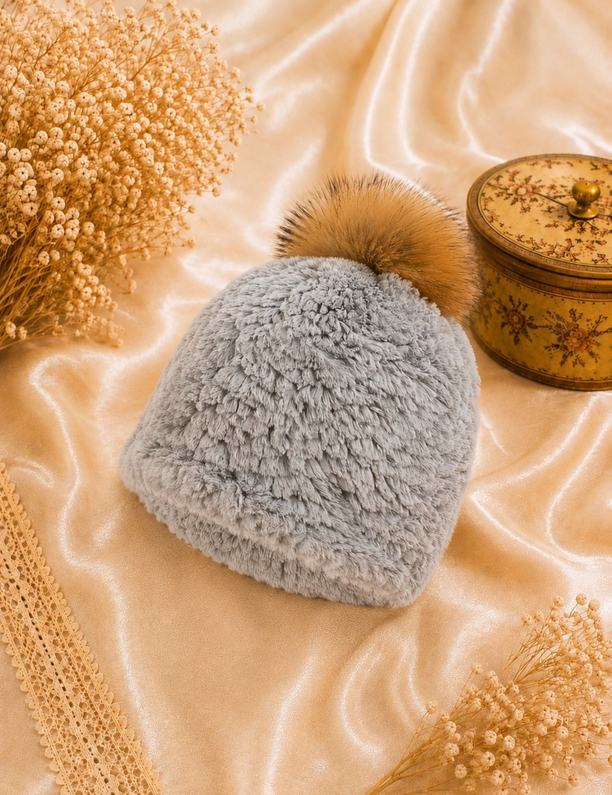 Bonnet gris ultra doux et duveteux à pompon tons camel marron neuf
