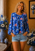 Blouse femme fleurie bleu roi imprimé floral blanc rouge taille 42