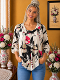 Blouse  Afibel blanche imprimé fleurs noires fushia beige taille 44