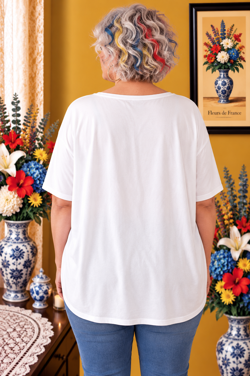 T-shirt grande taille blanc imprimé jaune rouge blanc taille 52/54