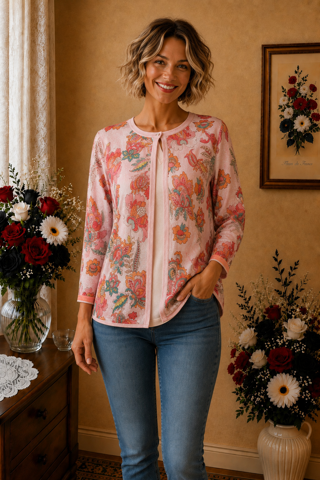 Gilet Berry Barclay rose clair floral multicolore taille 36