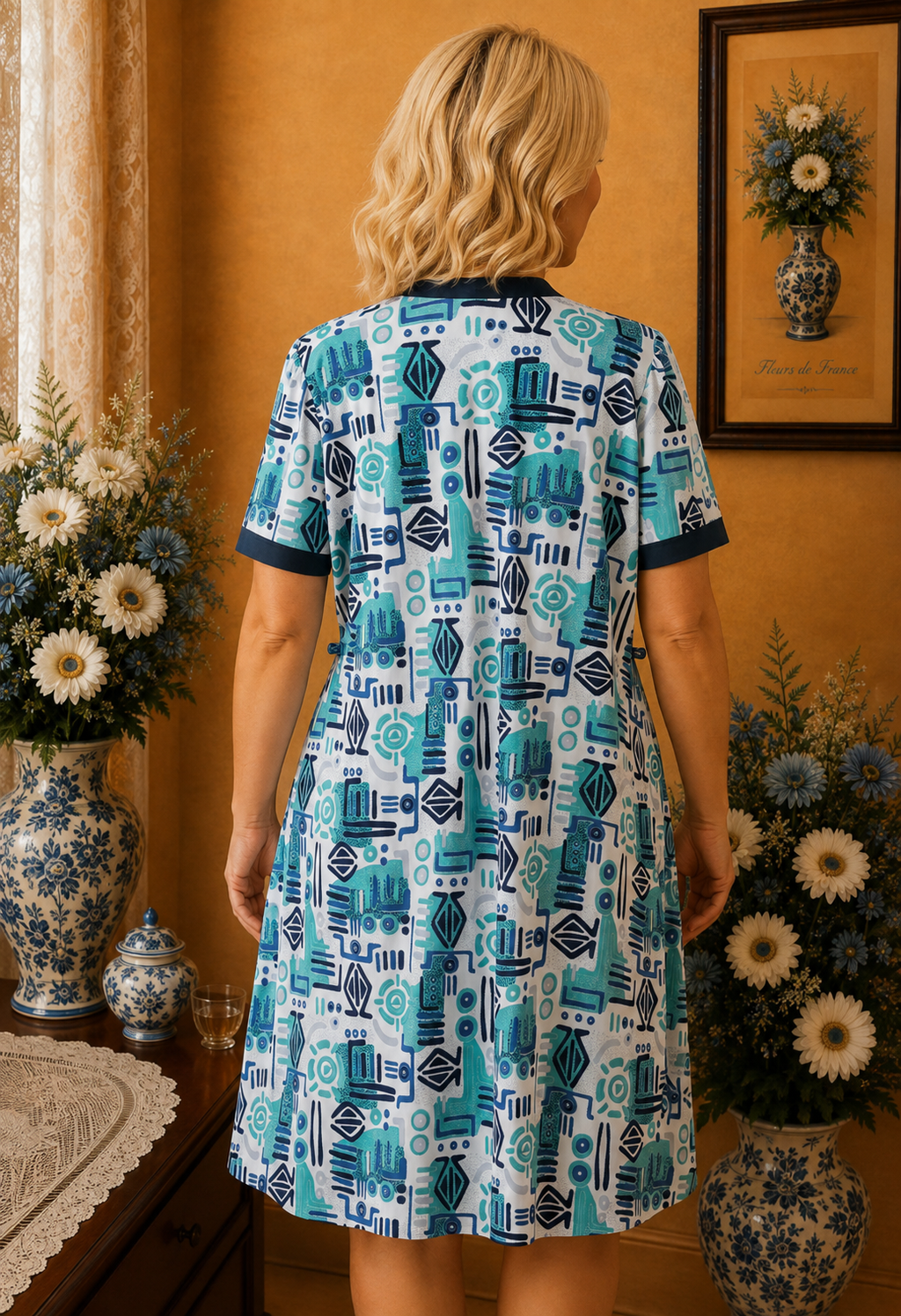 Robe vintage imprimé graphique bleu turquoise blanc taille 50/52
