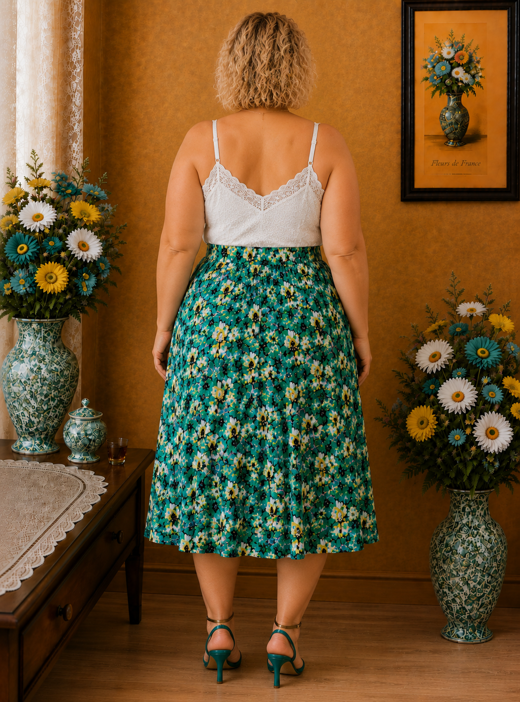Jupe longue fleurie verte  Haut jupe plissée coupe fluide taille 48/50