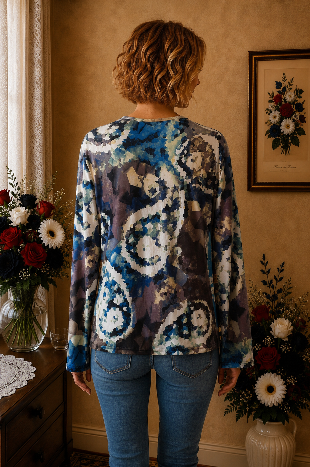 Haut crème bleu imprimés multicolore t42