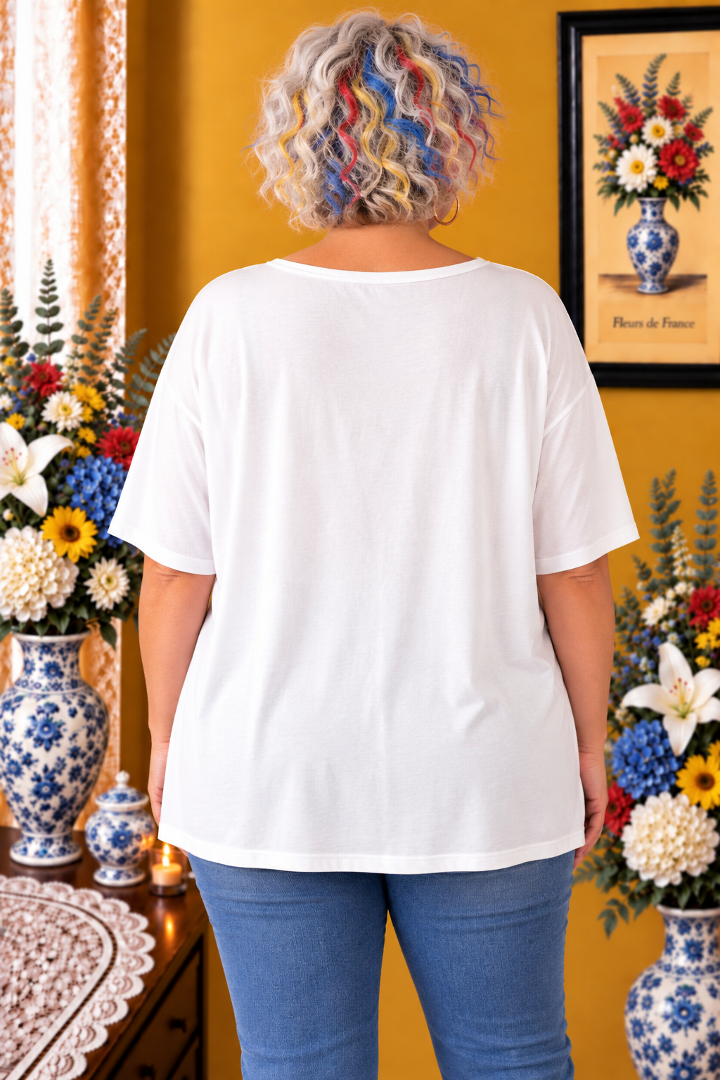T-shirt grande taille blanc imprimé bleu jaune rouge taille 52/54