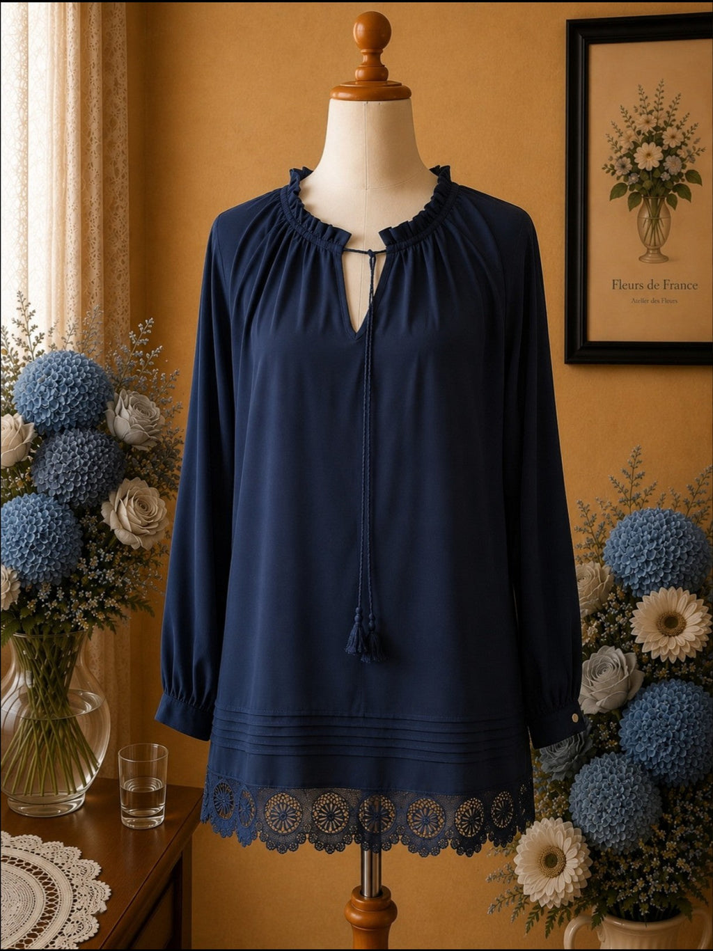 Blouse Exquiss Paris Bleu Marine, Dentelle & Col Froncé t38