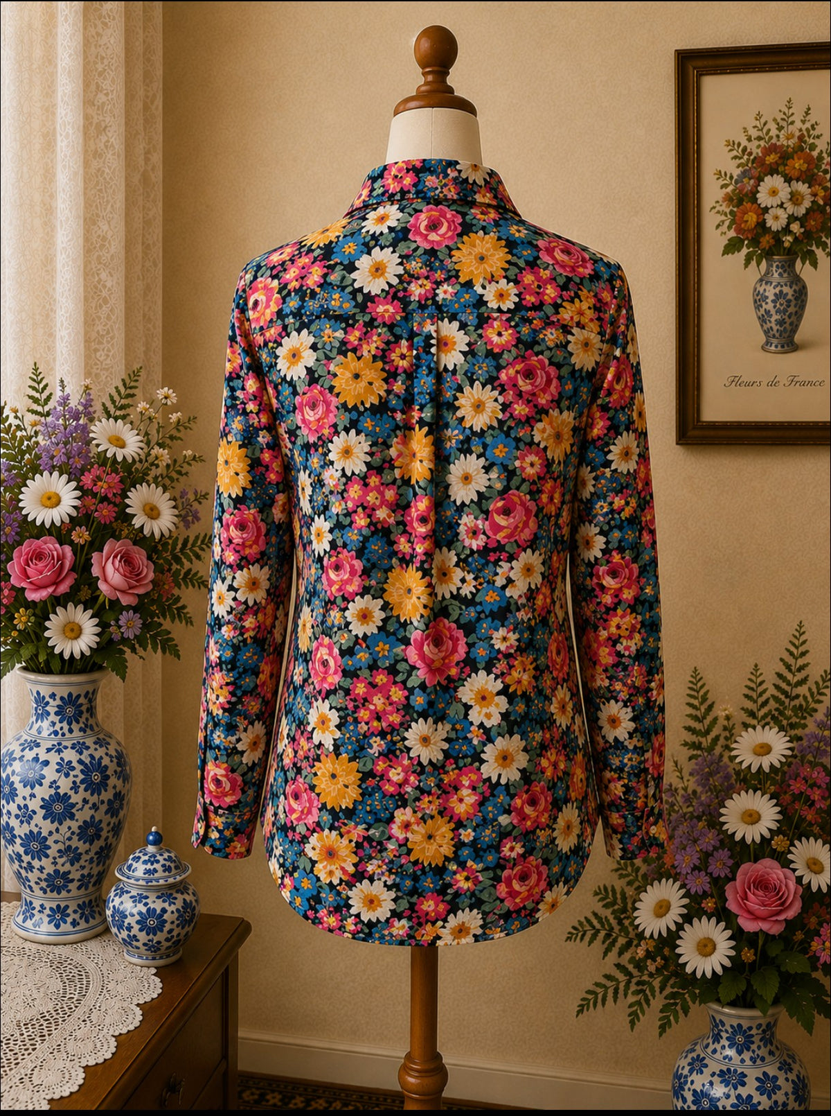 Chemise fleurie fond sombre – imprimé floral vintage