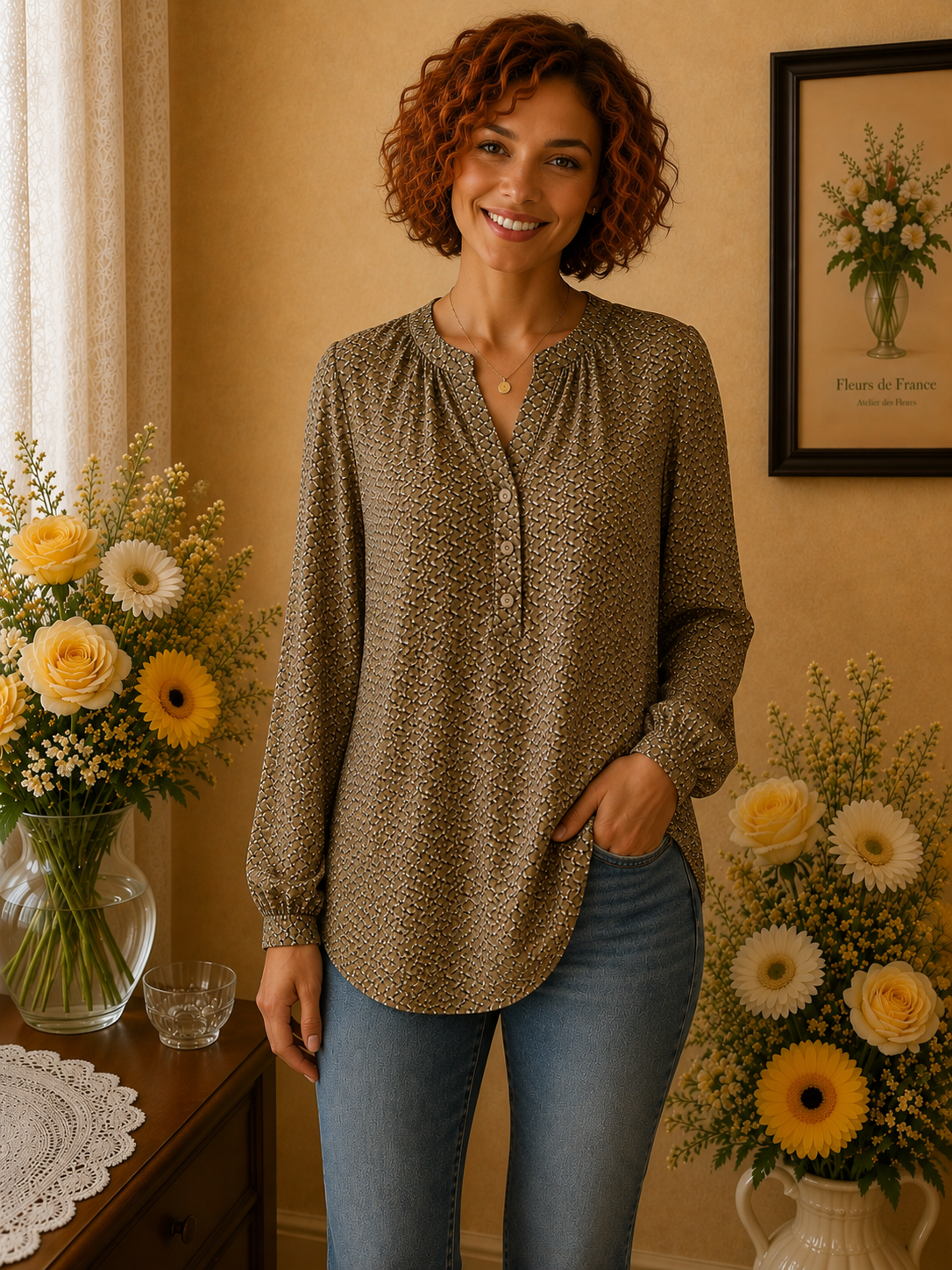 Blouse Christy Imprimé Graphique Kaki, Beige & Noir t40
