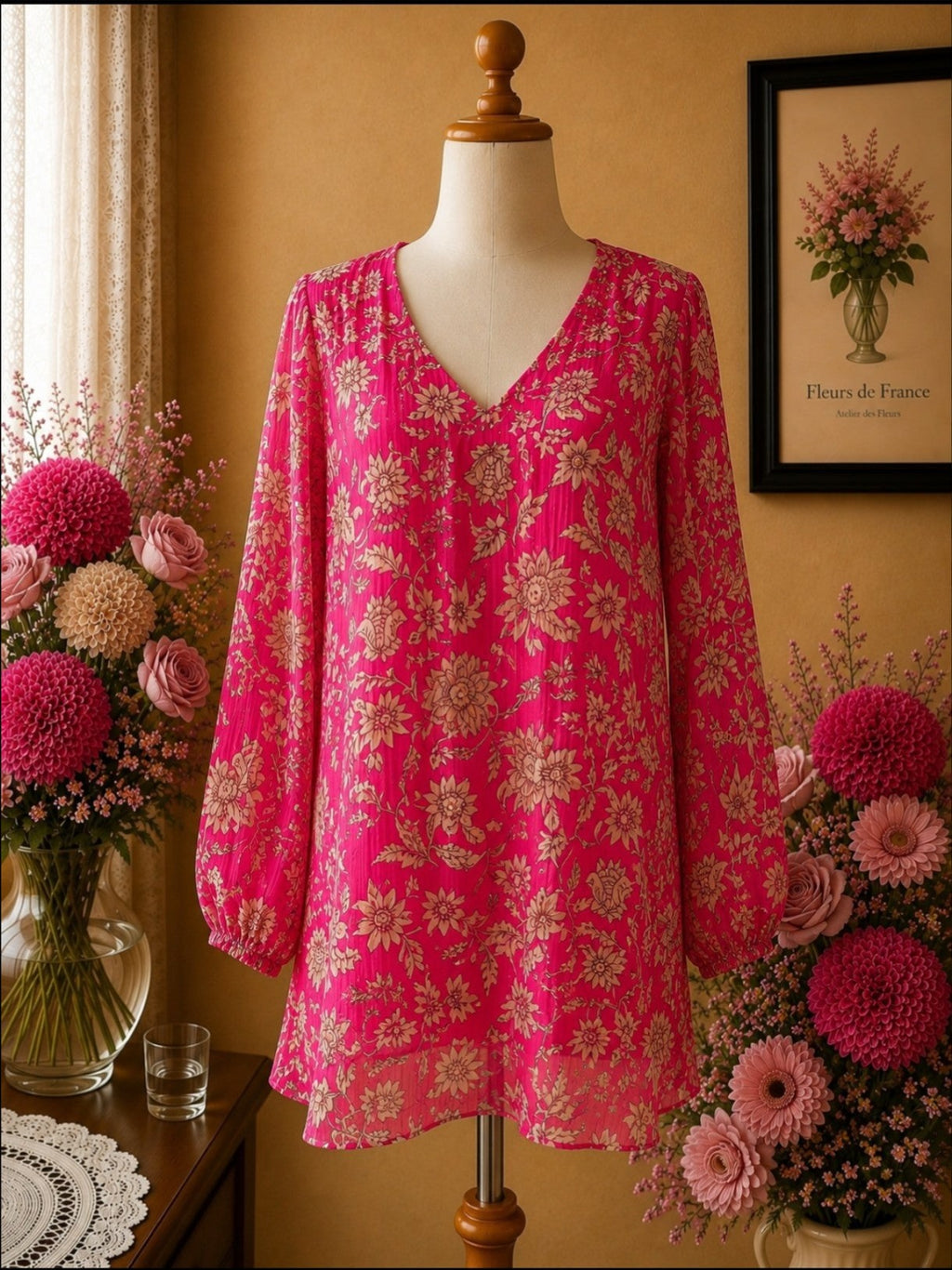 Robe Glassy Paris rose fushia & beige floral plissé & fil doré t40