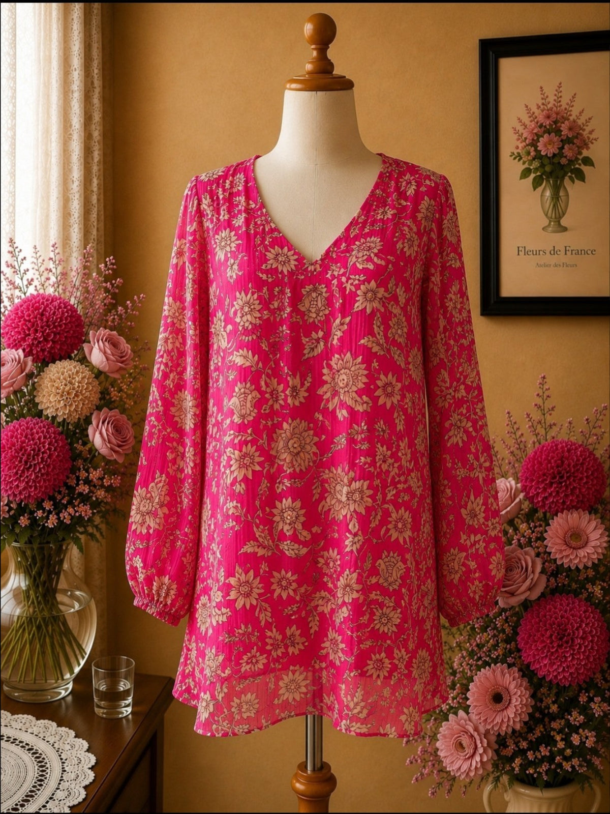 Robe Glassy Paris rose fushia & beige floral plissé & fil doré t40