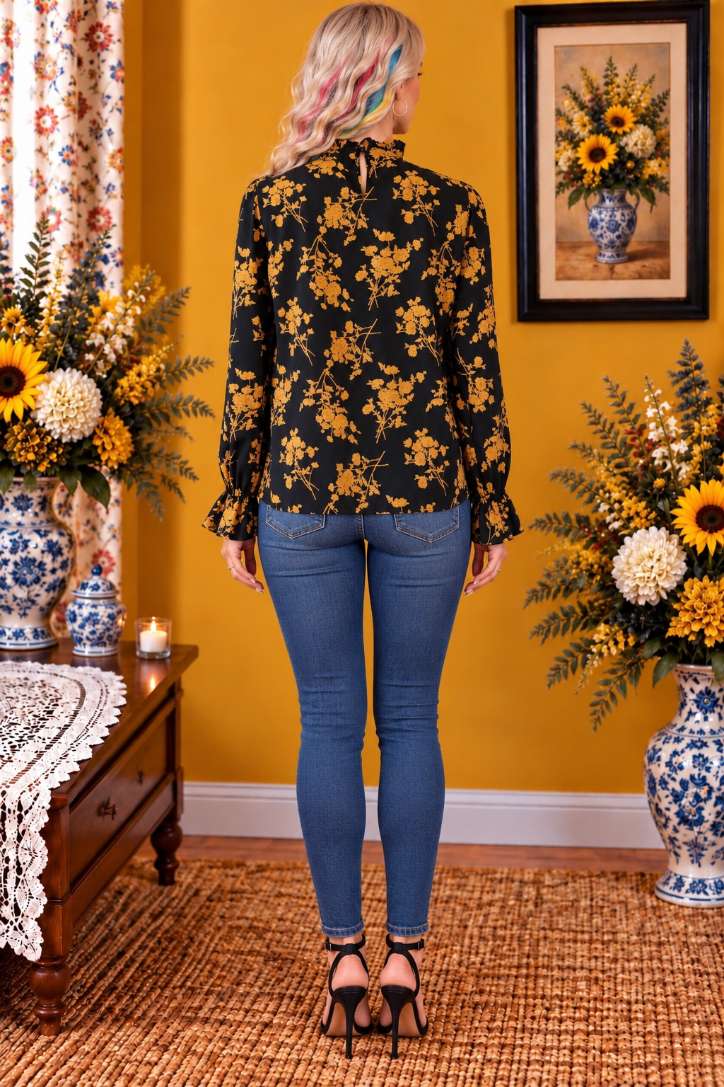 Blouse Shein noir motif marron manches volantees taille 38